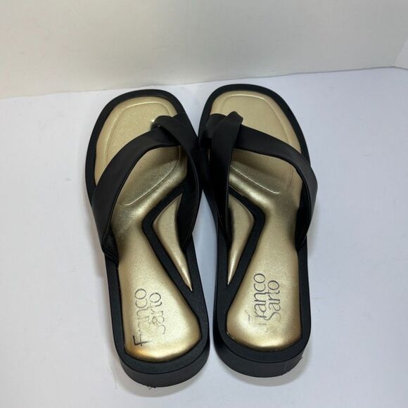 Franco Sarto Jonas Leather Gold Comfort T Strap Sandals Black Open Toe Womens - Picture 5 of 5